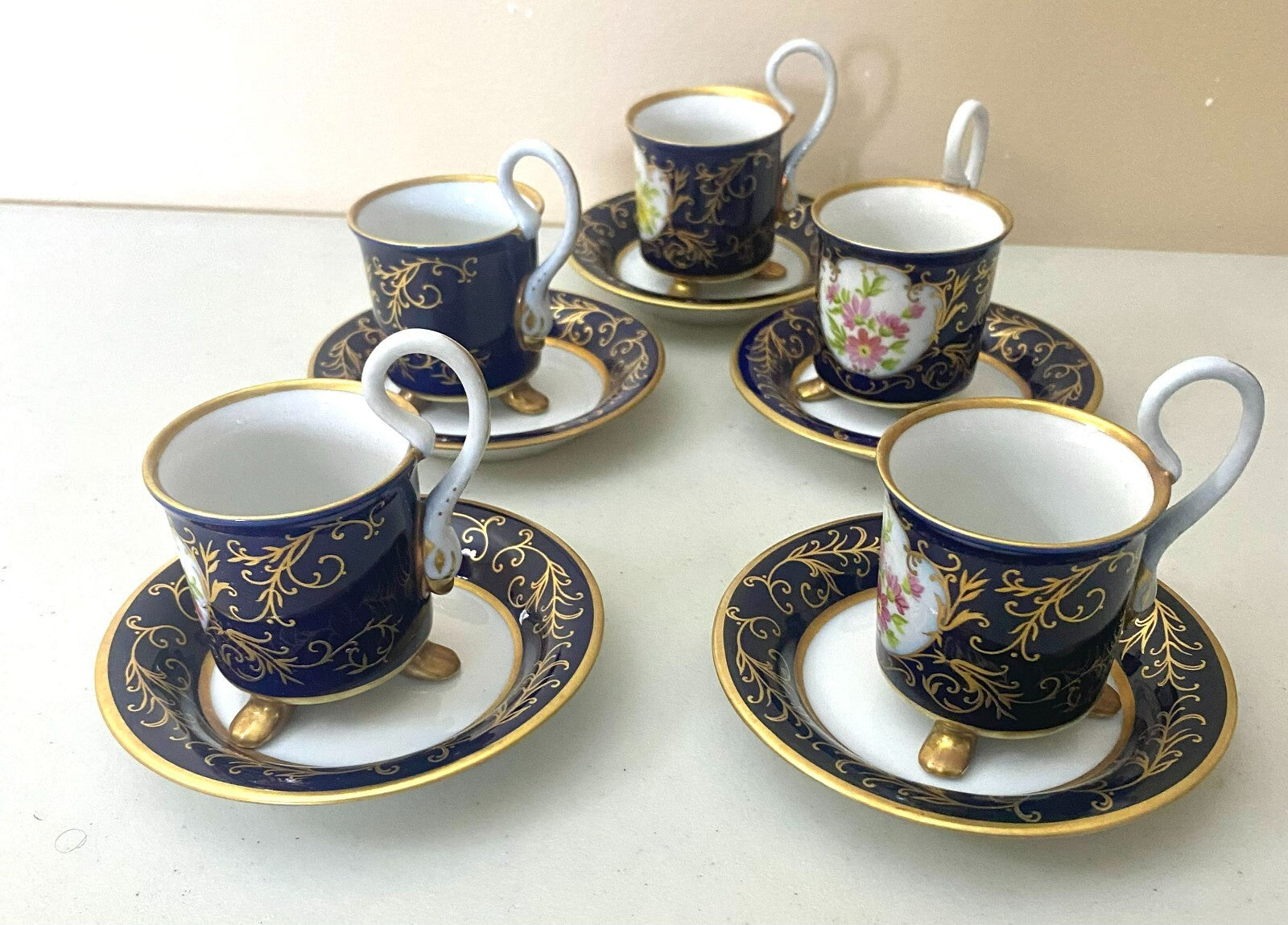 Vintage Pirken Hammer Hand Painted Blue Gold Set of 5 Cups And Saucer
