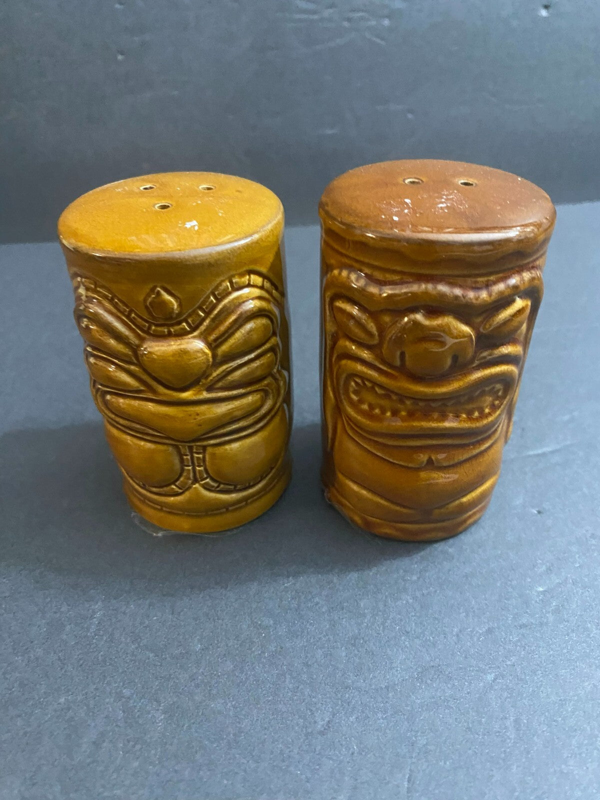 Hawaiian Tiki God Hand Carved Kamani Ceramic Salt & Pepper Shakers - Brown
