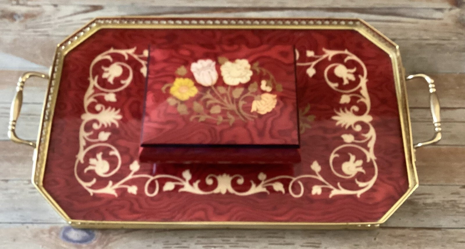 Set Of 2 Edel weiss Art Decor Inlaid Wood Floral Tray And Musical Jewelry box
