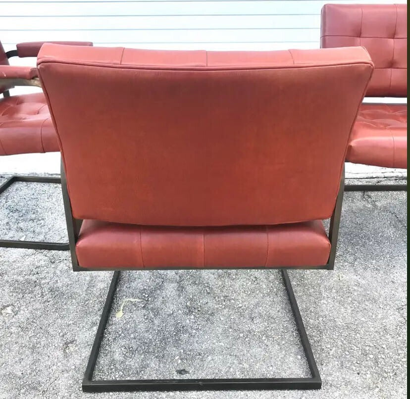 Lot Of 4 Vintage Red Patrician Furniture Chrome/leather Chairs With Arm Rest