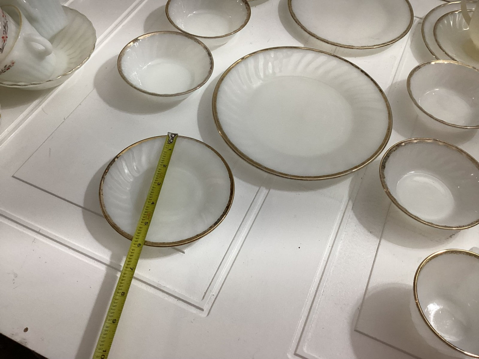 14 Pcs Vintage Fire King White swirl Milk Glass Oven Ware With Gold Rim