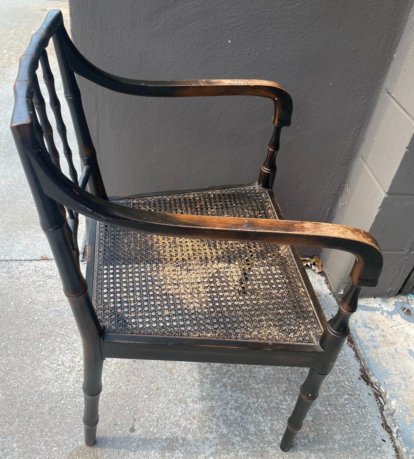 Antique Wooden Cane Seat Black Chair/White Cushion With Arm Rest
