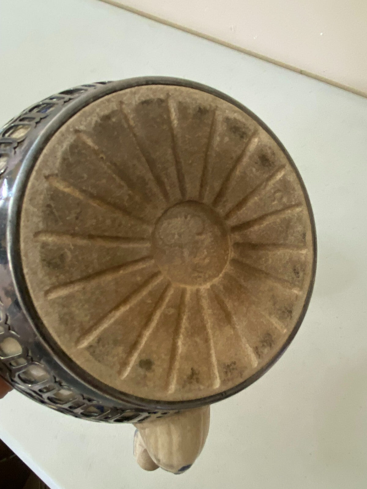 Antique Reticulated Ceramic Covered With Metal Teapot With Built In Strainer