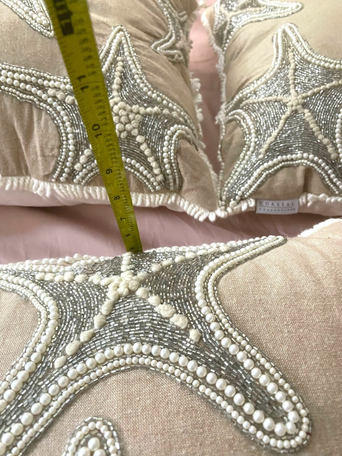 Set of 3 Coastal Collection Starfish Pearl Beaded Square Shape Pillows