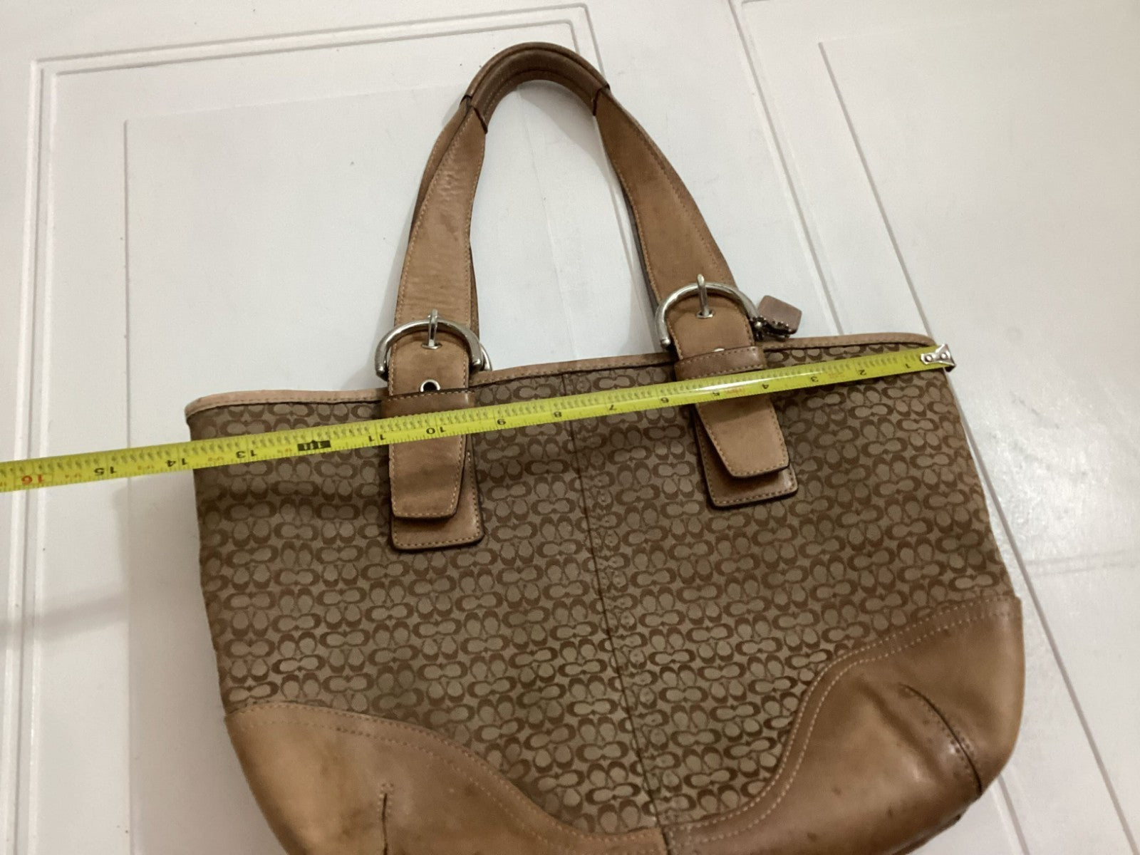 Coach Women's Signature Logo Brown Leather Canvass Double Handle Tote Bag