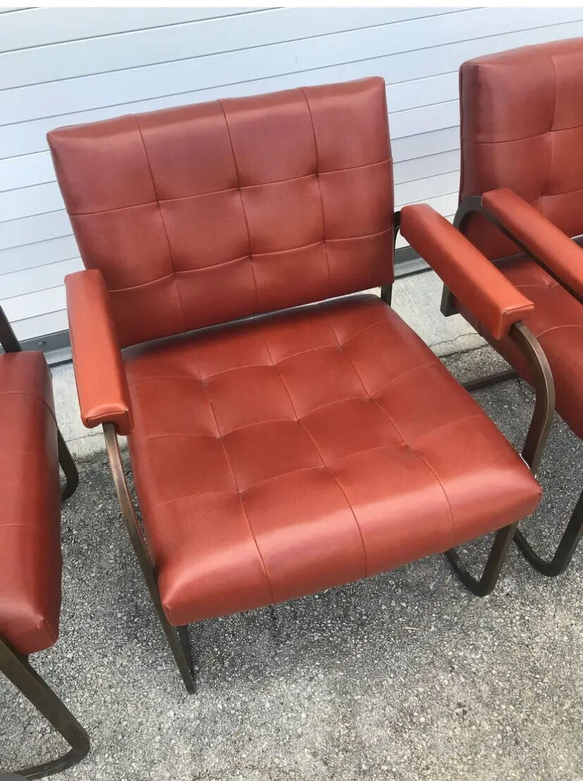 Lot Of 4 Vintage Red Patrician Furniture Chrome/leather Chairs With Arm Rest