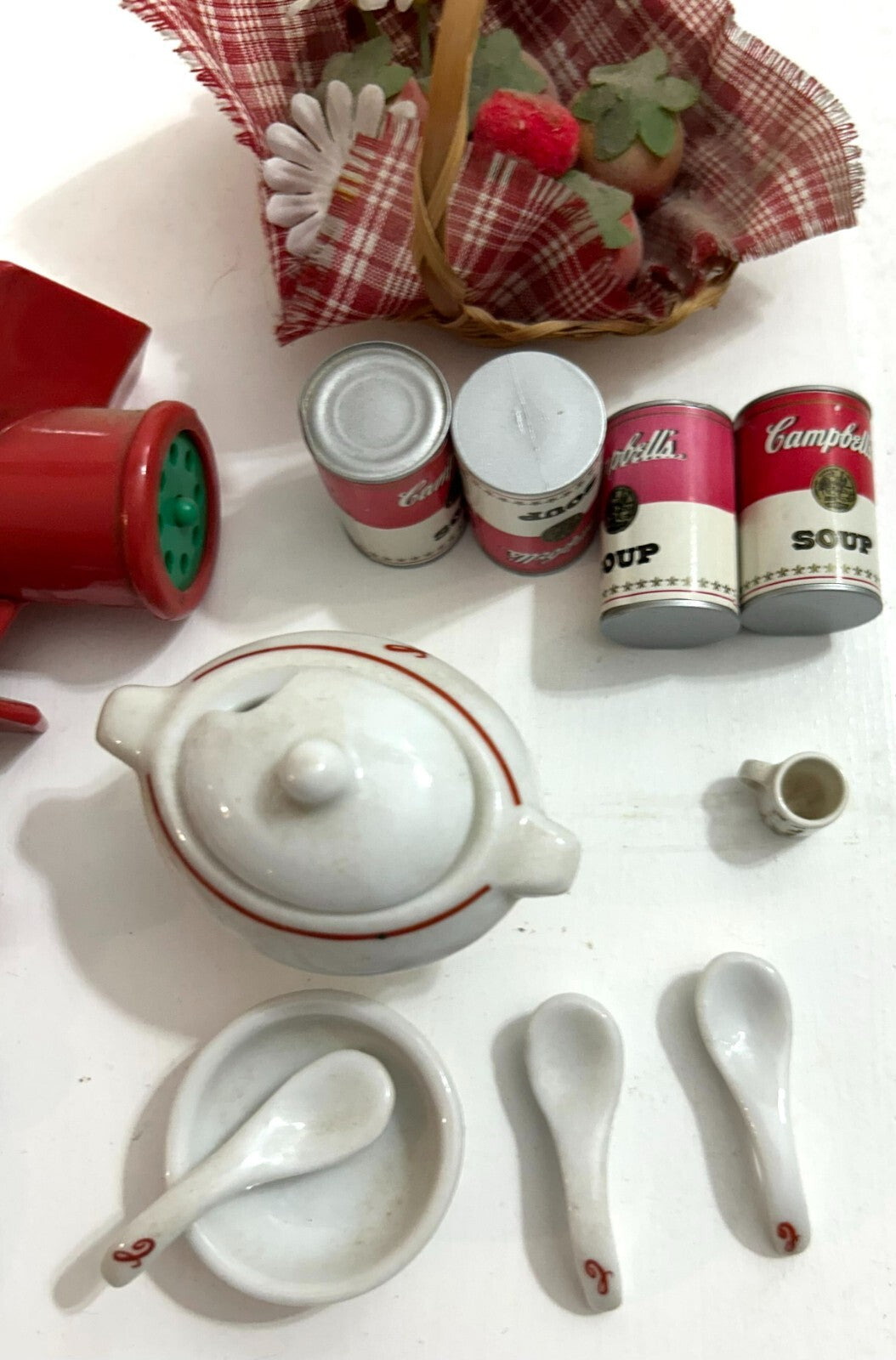 Vintage Campbell Collectibles (Cans, Soup Spoons & Bowl, Grinder, Tea Pot & Cup)