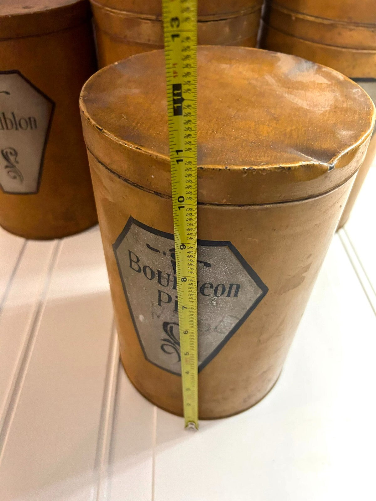 Antique French Set Of 6 Apothecary Brown Metal Canister Containers