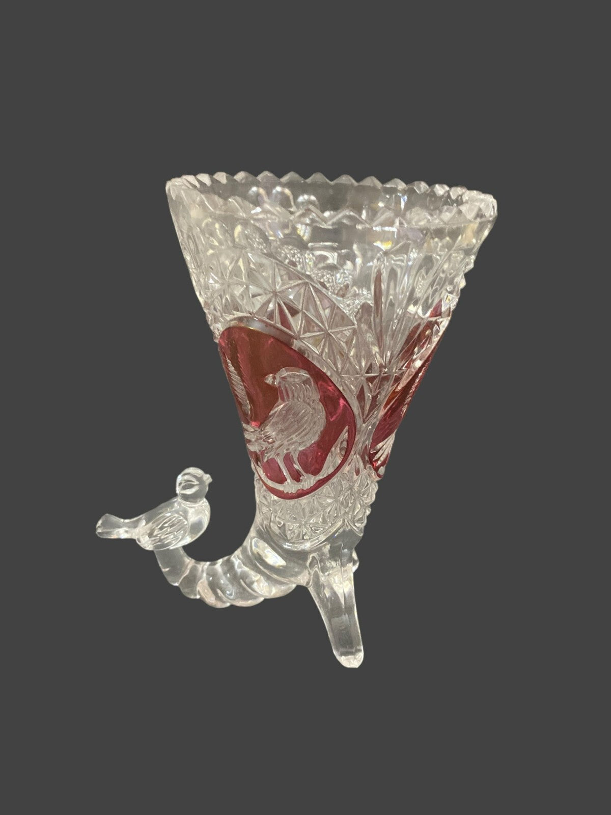 Hofbauer Byrdes Crystal Cornucopia Red Bird Design Vase