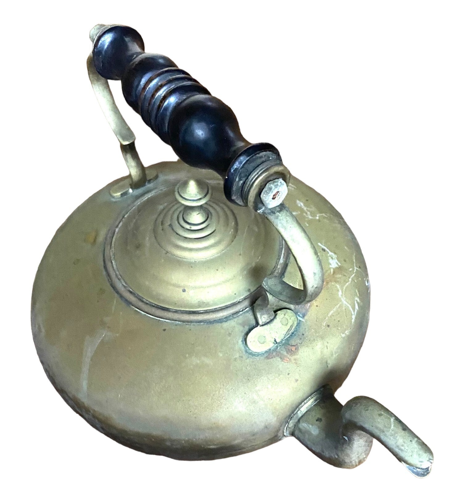 Vintage Brass Tea Kettle Pot With Lid Wood Handle Stands On 4 Legs