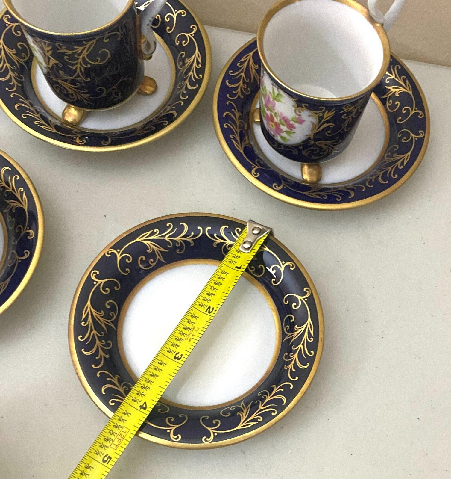 Vintage Pirken Hammer Hand Painted Blue Gold Set of 5 Cups And Saucer