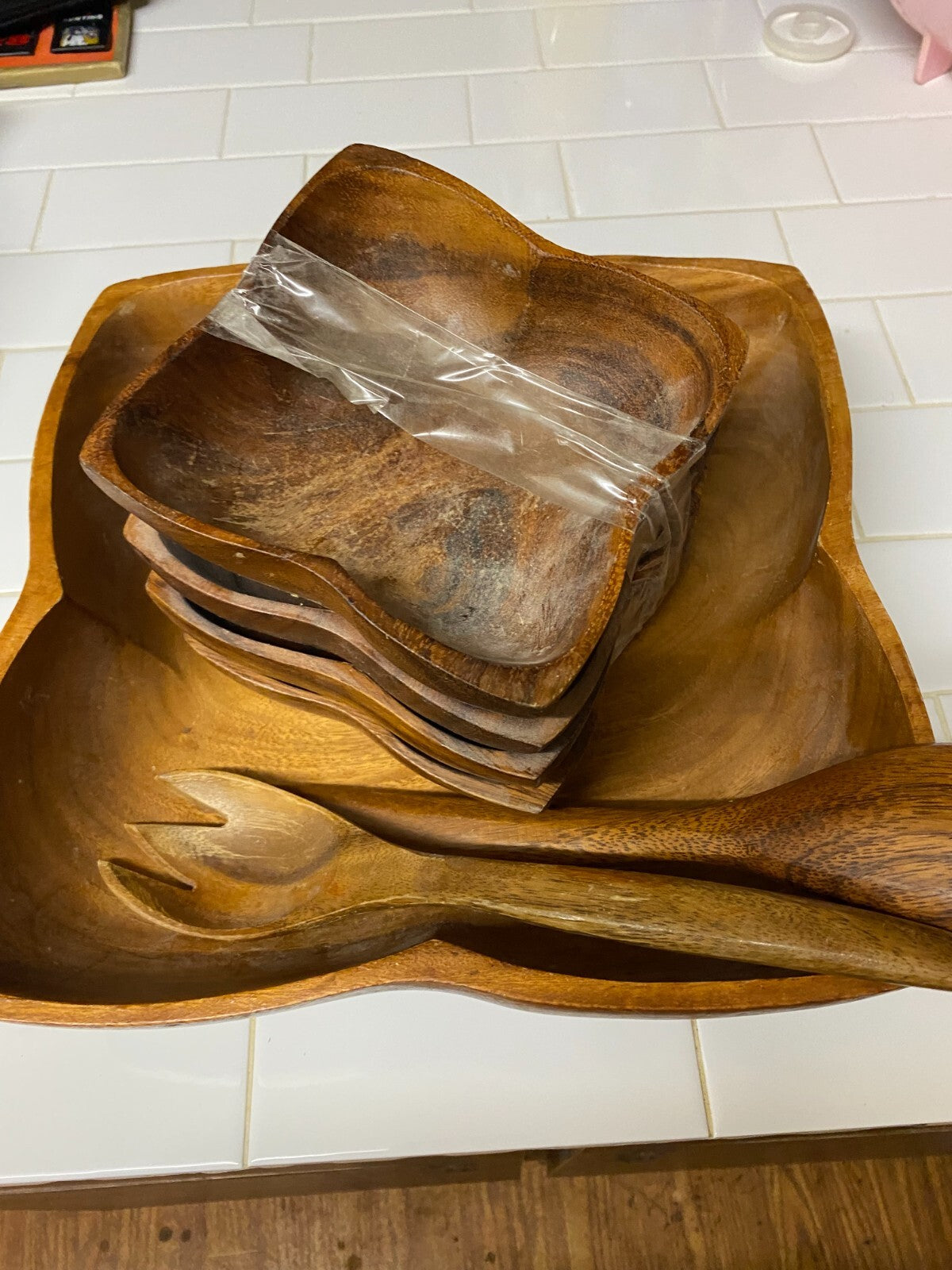 7 PCs Mid Century Wooden Salad Bowl Set & Ustensiles