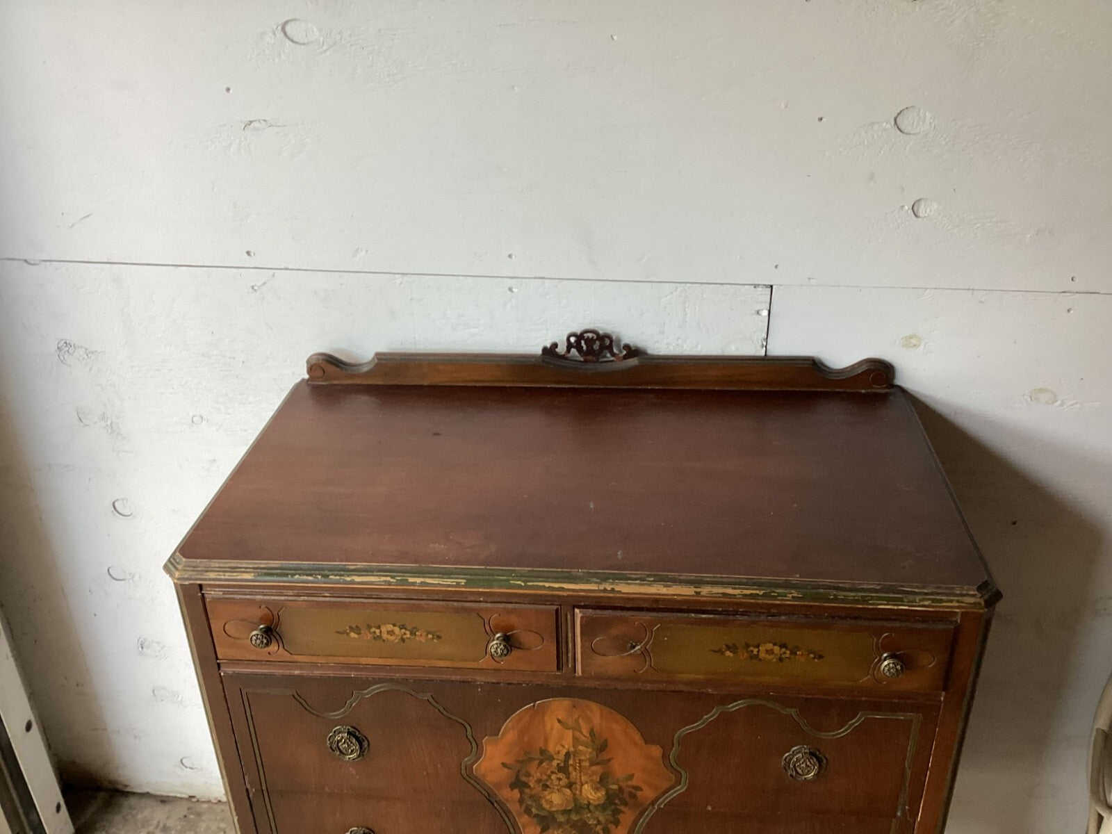 Vintage 5 Drawers Brown Wooden Wheeled Dresser/Chest With Floral Design