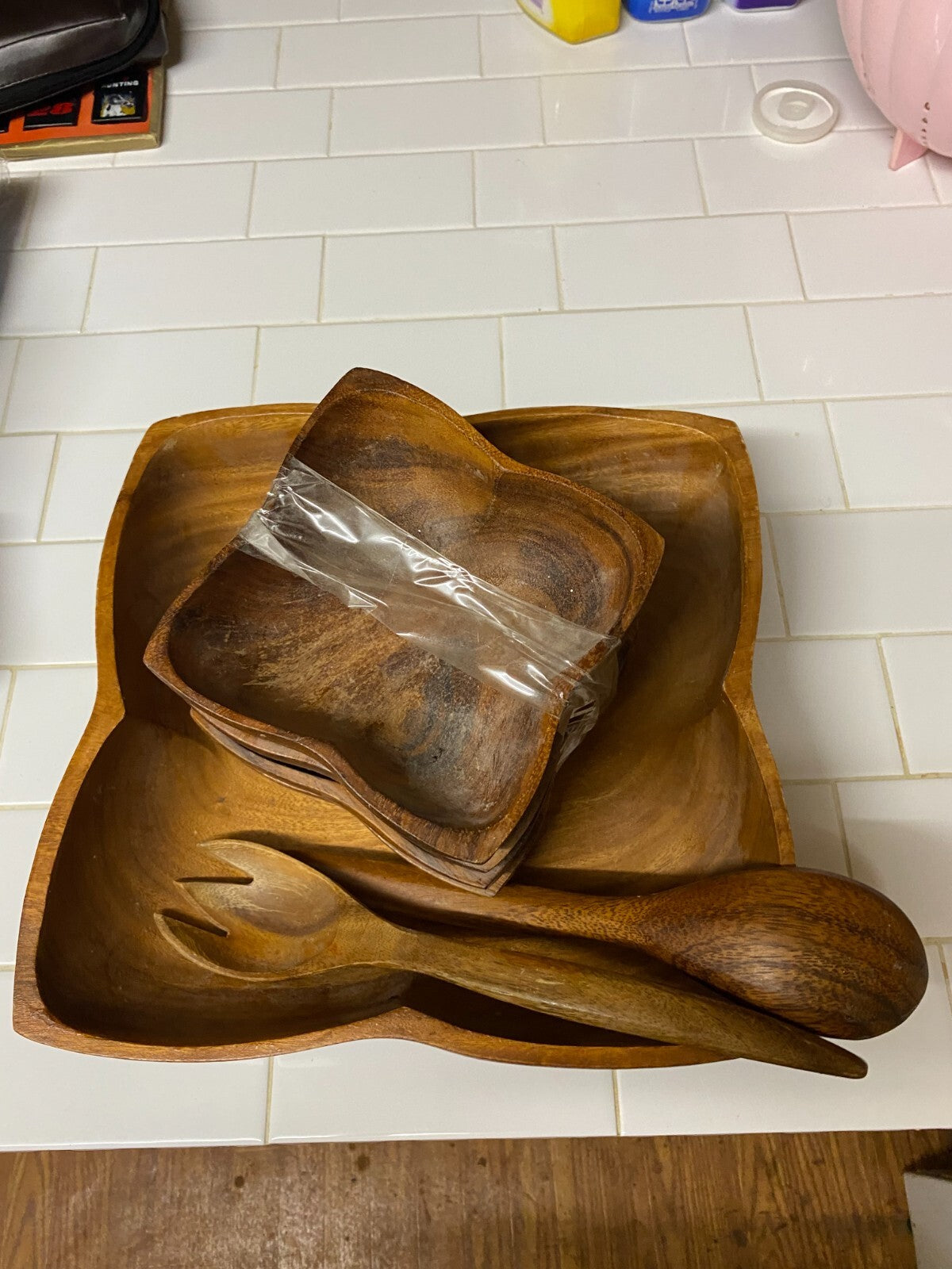 7 PCs Mid Century Wooden Salad Bowl Set & Ustensiles