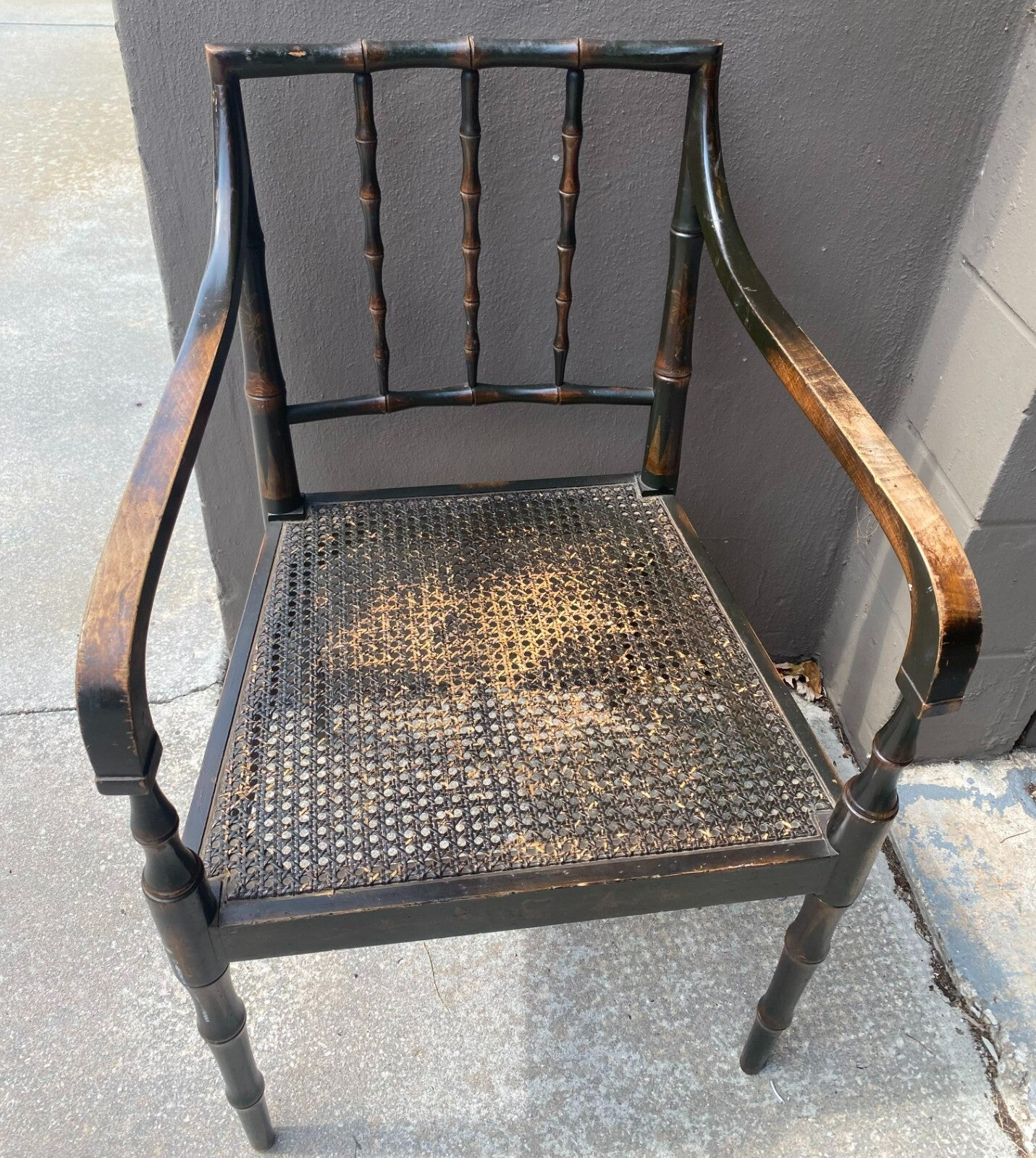 Antique Wooden Cane Seat Black Chair/White Cushion With Arm Rest