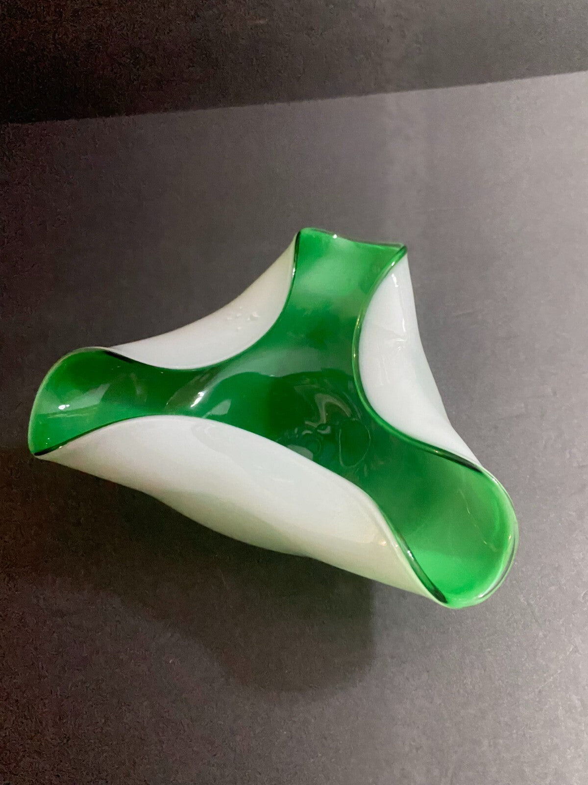 Vintage Green & White Trifold Art Glass Small Vase