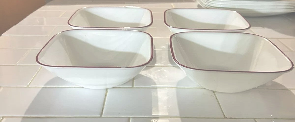 Lot Of 4 Corelle Splendor White With Red Rim Square Cereal/Soup Bowls